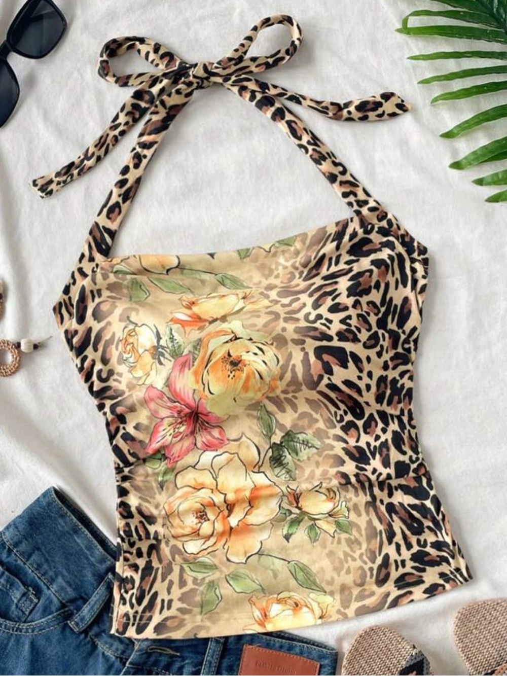 SHEIN Beige Leopard Floral Halter Camisole